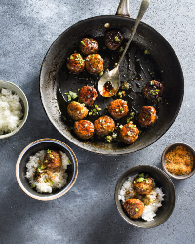 Savory-sweet soy  basting sauce transforms ground chicken into izakaya-style meatballs